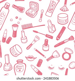 Hand drawn beauty and cosmetics items set. Vector background for your design.
