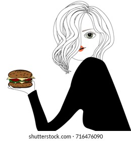 hand drawn beauty cute girl with hamburger.vector illustration design.