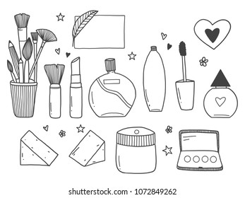 Hand drawn of Beauty doodle set, vector illustration design of cosmetic and fashion. 