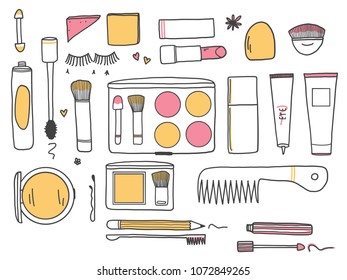 Hand drawn of Beauty doodle set, vector illustration design of cosmetic and fashion. Pastel color.