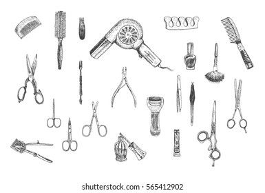 Hand drawn beauty, hairdressers and care manicure and pedicure tools professional tools set. Vector vintage collection. Retro Illustration in ancient engraving style