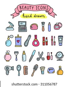 Hand drawn beauty icons: beauty salon, cosmetic, makeup, manicure