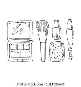 Hand drawn beauty, make up, cosmetic doodles, isolated vector illustrations on a white background.