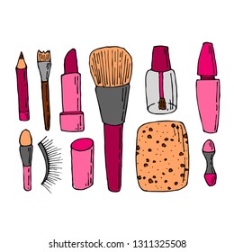 Hand drawn beauty, make up, cosmetic doodles, isolated vector illustrations on a white background.