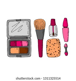 Hand drawn beauty, make up, cosmetic doodles, isolated vector illustrations on a white background.