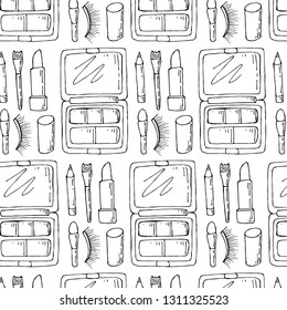 Hand drawn beauty, make up, cosmetic doodles, isolated vector illustrations on a white background.