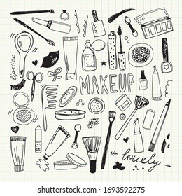 Hand drawn beauty, make up, cosmetic doodles. Isolated vector illustrations.