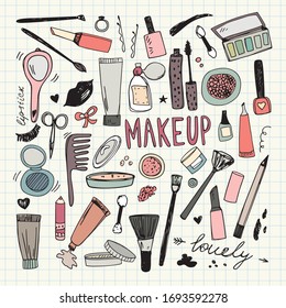 Hand drawn beauty, make up, cosmetic doodles. Isolated vector illustrations.