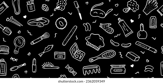 Hand drawn beauty, make up, cosmetic doodles seamless pattern. Women accessories background