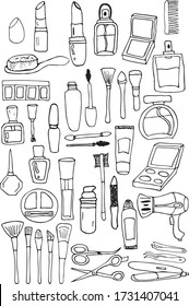 Hand drawn beauty, makeup, cosmetic doodles set.