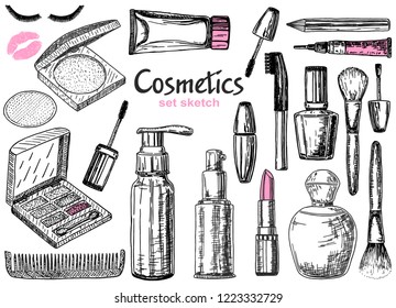 Hand drawn Beauty and makeup icons set with mascara, lipstick, creams, nail polish, powder, eye shadow, blush, brushes, glitter, lip. Cosmetics sketch style vector illustration.