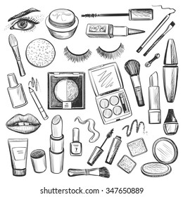 Hand drawn Beauty and makeup icons set with mascara, lipstick, creams, nail polish, powder, eye shadow, blush, brushes, glitter, lip
