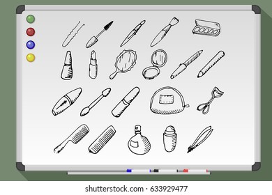 Hand drawn Beauty and makeup icons set with mascara, lipstick, creams, nail polish, powder, eye shadow, blush, brushes, glitter on whiteboard. Vector illustration