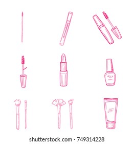 Hand drawn Beauty and makeup icons set with mascara, lipstick, creams, nail polish, powder, eye shadow, blush, brushes, glitter lip