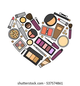Hand drawn beauty makeup products including powder, concealer, blushes, mascara, lipstick, foundation, eye shadows, brushes composed in heart shape.