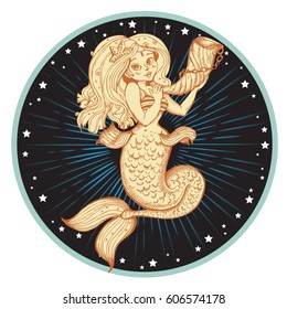 Hand drawn beauty mermaid with long hair and stars. Fantasy mythology print with starburst for T-shirt and bags. Vector illustration