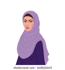 Hand drawn beauty muslim woman. Realistic portrait of arabian lady on white background. Flat vector illustration.