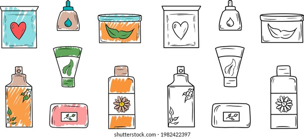 Hand drawn  beauty products. 
Color and black and white illustration of cosmetics. Hand drawn vector set. Trendy illustration. Cream, face mask, shampoo, soap, spray, serum, hair mask with original de