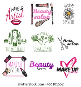 Hand drawn beauty salon badge set with make up artist beauty salon herbal cosmetic hair salon descriptions vector illustration
