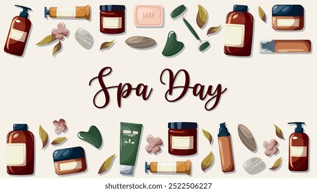 Hand drawn beauty and skin care products in a line on light background for banner, advertisement and poster. Vector cartoon stylization. Natural spa day cosmetic composition