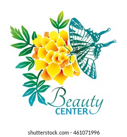 Hand drawn beauty vector logo design template with butterfly and flower on a white background