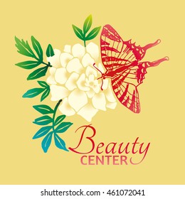 Hand drawn beauty vector logo design template with butterfly and flower on a yellow background