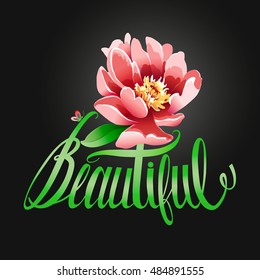 Hand drawn beauty vector logo design template with lettering and flower on a black background.  Beautiful card