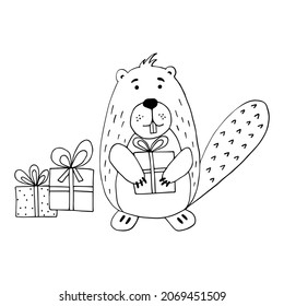 Hand drawn beaver with presents. Black and white doodle style vector illustration.