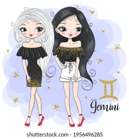 Hand drawn beaytiful cute little gemini zodiac girls. Vector illustration.