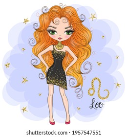 Hand drawn beaytiful cute little leo zodiac girl. Vector illustration.