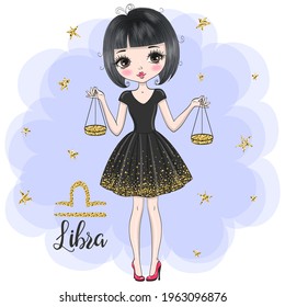 Hand drawn beaytiful cute little libra zodiac girl. Vector illustration.