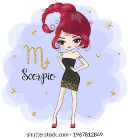 Hand drawn beaytiful cute little scorpio zodiac girl. Vector illustration.