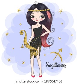 Hand drawn beaytiful cute little sagittarius zodiac girl. Vector illustration.