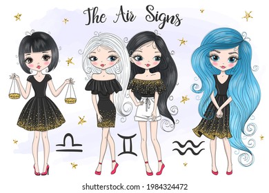 Hand drawn beaytiful cute little aquarius, libra, gemini air zodiac girl. Vector illustration.