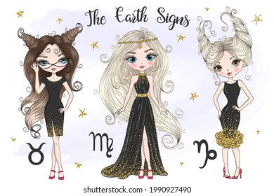 Hand drawn beaytiful cute little capricorn, virgo, taurus earth zodiac girl. Vector illustration.