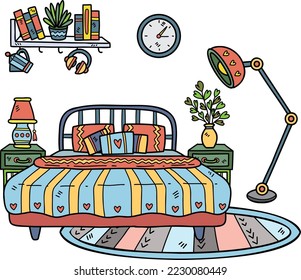 Hand Drawn bed with lamp and plants interior room illustration isolated on background