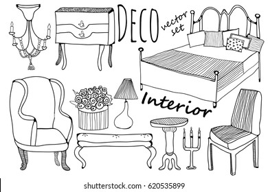 Hand drawn bedroom interior elements. Vector set