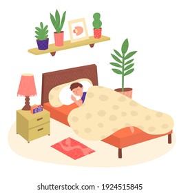 Hand drawn bedroom interior isolated on white. Young man character sleeping alone in bed. Home life flat vector illustration. Cartoon teenage boy rest, cozy blanket, potted plants, lamp, alarm clock