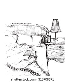 Hand drawn bedroom zone with open book on the blanket and bedside table,lamp, cup of tea. A cozy place at home.