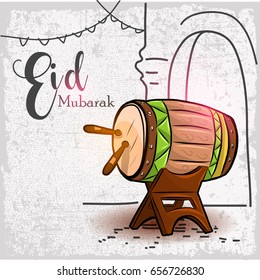 Hand drawn Bedug Illustration for Eid Mubarak with grunge Background. You can use for greeting card, invitation card and Islamic Poster. Vector illustration