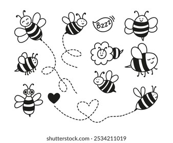 Hand drawn bee character collection. Nature insects doodle illustration