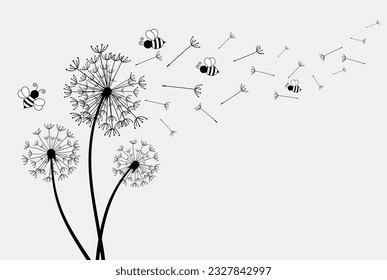 Hand drawn of  a bee and dandelion seed blowing in the wind. Vector illustration