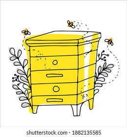 hand drawn bee hive in doodle style. yellow and gray. natural bee honey. Vector illustration isolated on white background.