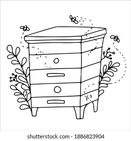 colmena de abejas dibujada a mano al estilo doodle. miel de abeja natural. Ilustración vectorial aislada en fondo blanco.