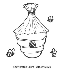 Colmena de abejas dibujada a mano en estilo doodle. miel de abeja natural. Ilustración vectorial aislada en fondo blanco.