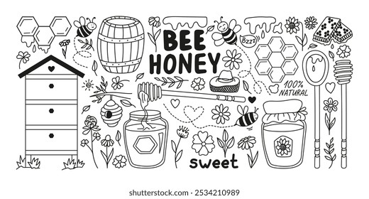 Hand drawn Bee honey doodle set with hive, honeycombs, barrel, liquid melt, hat, flowers, glass jar.