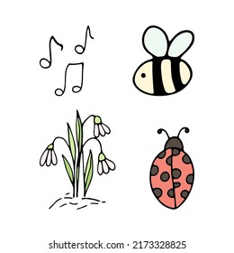 Abeja dibujada a mano y mariquita en flores para la decoración de verano y primavera