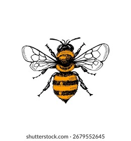 Dibujado a mano boceto de abeja. Ilustración vectorial aislada sobre fondo blanco. Diseño de embalaje de miel