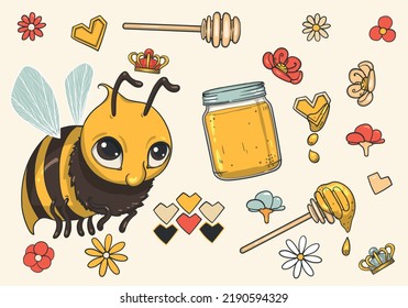 Hand drawn bee as vector assets with hearts, flowers, crown, honey, honey jar. A busy yellow and brown bee on a pastel colored background. 