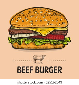 Hand Drawn Beef Burger, vector